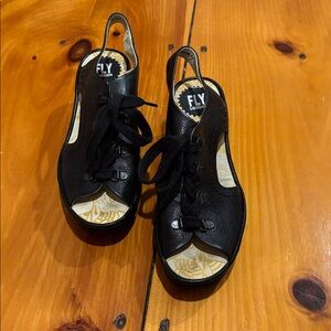 FLY LONDON 38 Black Ylfa Leather Lace Up Open Toe Wedge Shoes